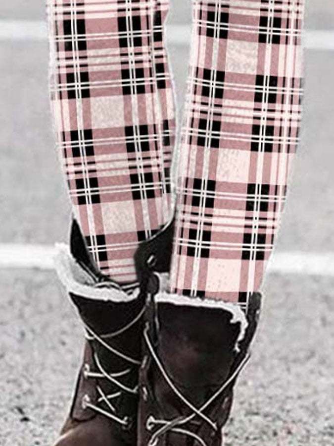 Casual Pink Plaid Print Leggings