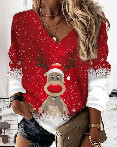 Loose V-neck Casual Christmas Fawn Printed Sweatshirts