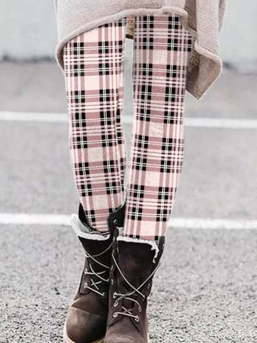 Casual Pink Plaid Print Leggings