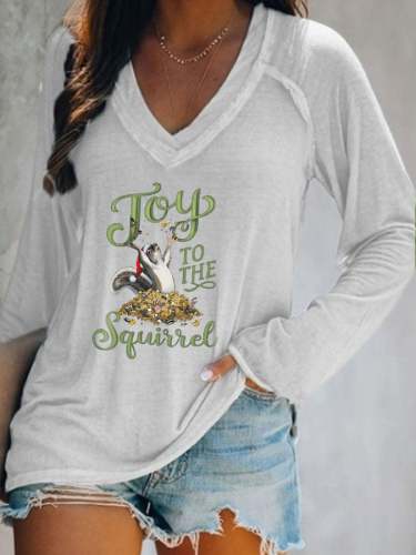Women's Christmas Joy To The Squirrel Casual V-Neck Long-Sleeve T-Shirt