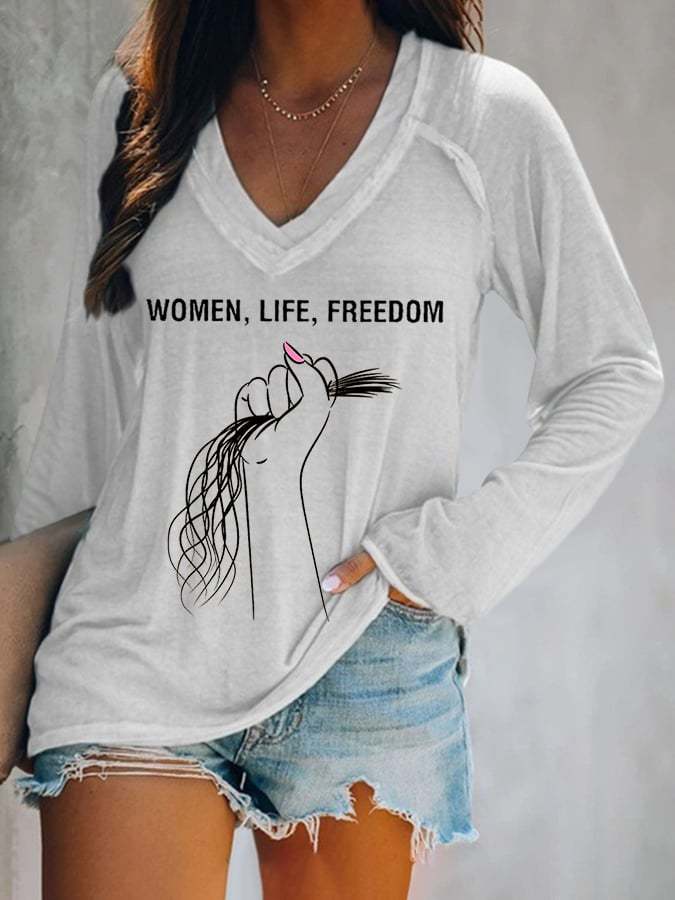Women Life Freedom Print V-Neck Casual T-Shirt