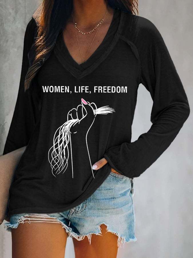 Women Life Freedom Print V-Neck Casual T-Shirt