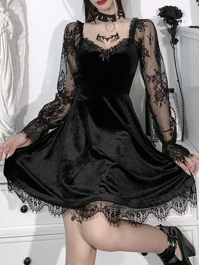 Sexy Lace Panel Flared Long Sleeve Dress