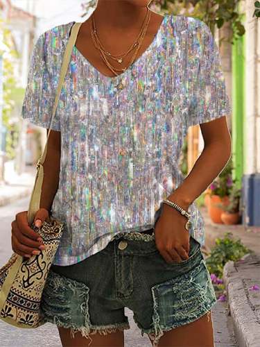 Glitter Print V-Neck Casual T-Shirt