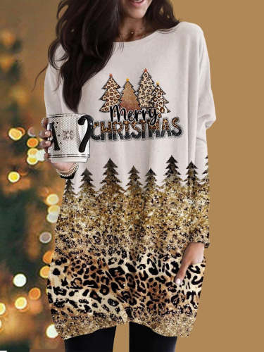 Women's Merry Christmas Leopard Shiny Casual Top