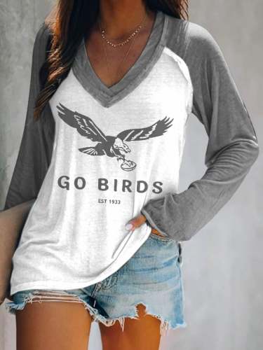 Women’s Go Birds Football Print V-Neck Casual T-Shirt