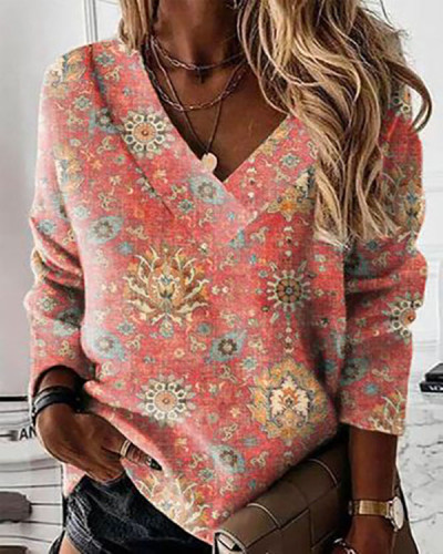 Vintage Paisley V-Neck Long Sleeve Top