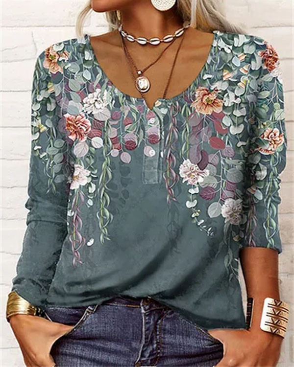 Loose Long Sleeve Geometric Floral U-Neck Button-Up Top