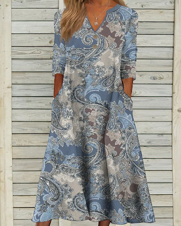 Vintage Paisley Button Boho Midi Dress