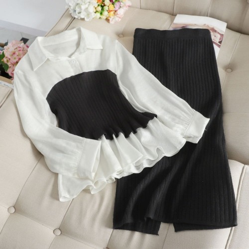 Fashion Casual Color Block Knitted Sweater Two-piece Set