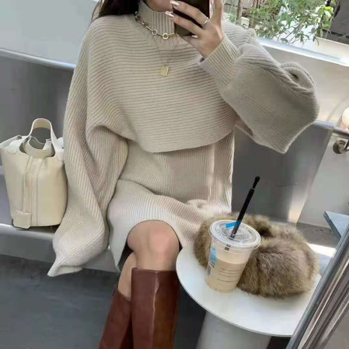 Casual All-Match Sweater Vest Skirt Shawl Two-Piece Set