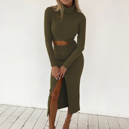 High neck long sleeve T-shirt high waist split skirt casual suit