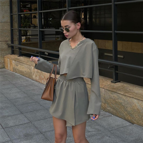 Casual V-neck Solid Color Asymmetry Two-piece Set