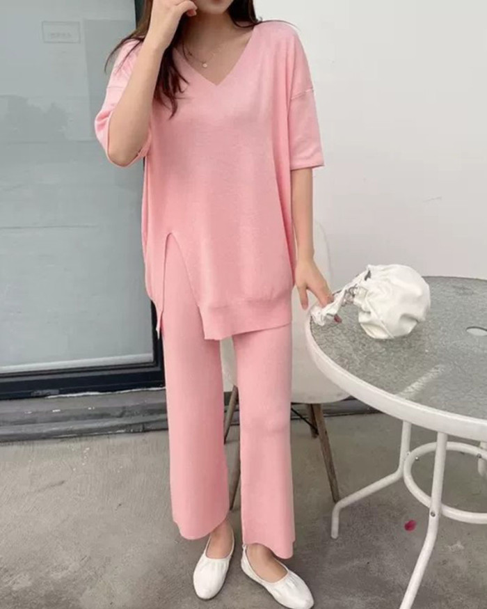 Loose V-Neck Casual Knit Two-Piece Set
