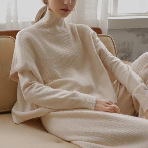 Fashion Solid Color Turtleneck Knit Three-piece Set