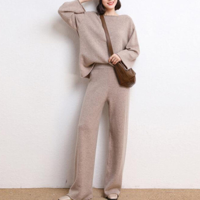 Ladies high waist wide leg pants solid color knitted suit