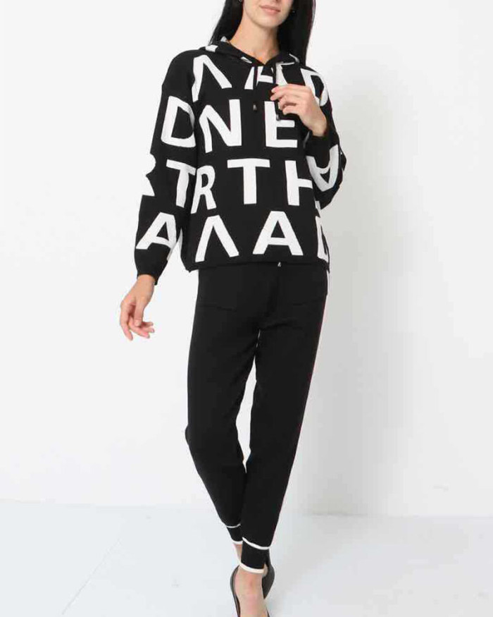 Hooded sports letter knitted two-piece set