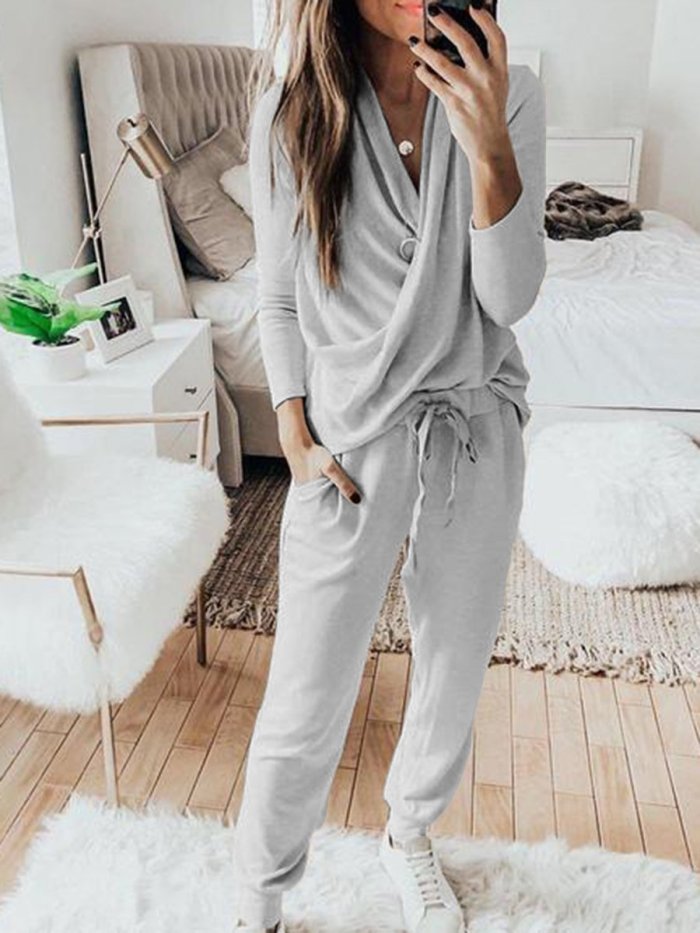 Simple Neck Ruffled Loose Top Pants Knitted Suit
