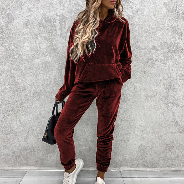 Women's solid color hooded sports casual suit
