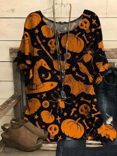 Skull Pumpkin Printed Halloween Short Sleeve T-Shirt