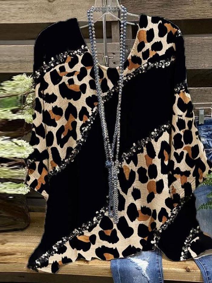 Women's Patchwork Sequins Leopard Print Long-Sleeved Tops
