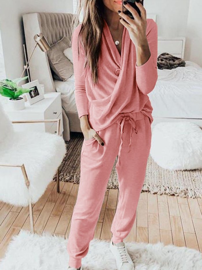 Simple Neck Ruffled Loose Top Pants Knitted Suit