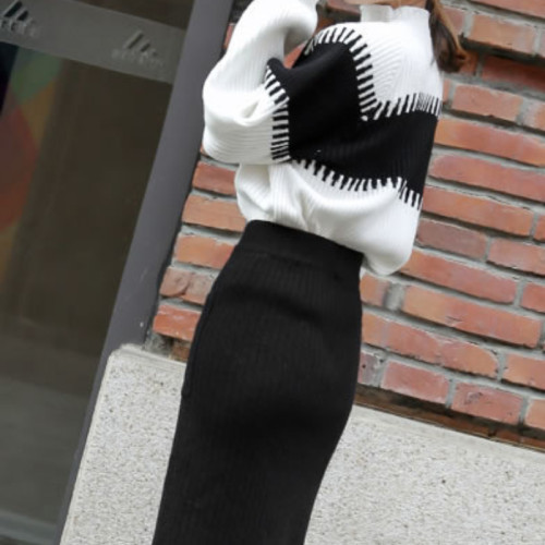 Chic Color Block Stand-up Collar Knit Sweater Two-piece