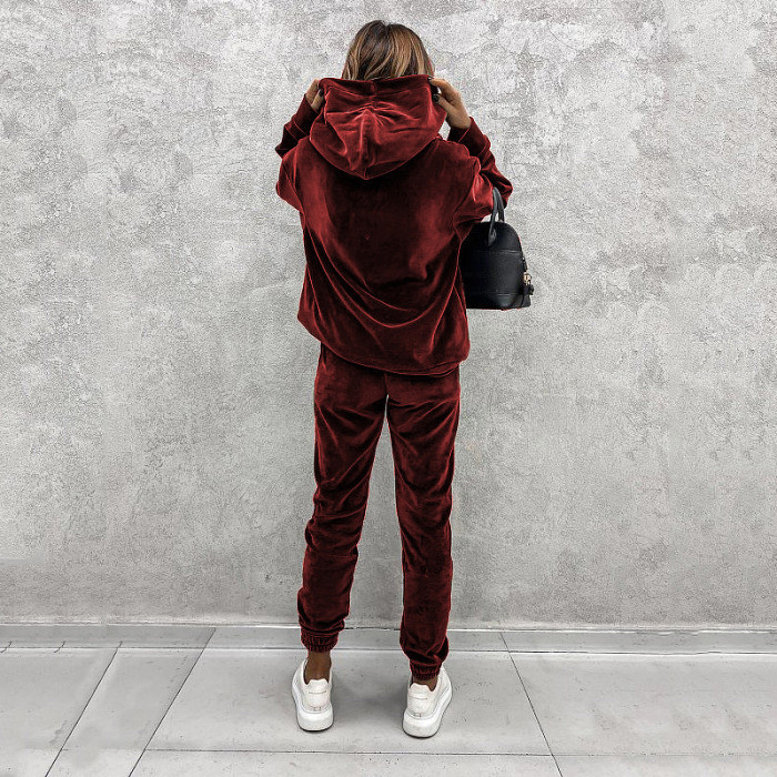 Women's solid color hooded sports casual suit