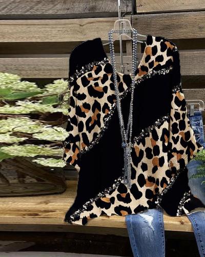Women's Patchwork Sequins Leopard Print Long-Sleeved Tops