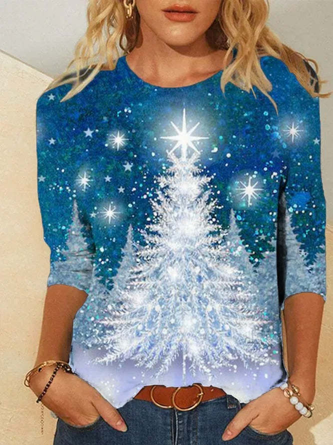 Loose Christmas Snowman Crew Neck Vintage Blouse