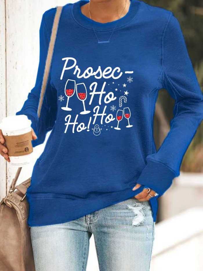 Women's Christmas Prosec Ho Ho Ho Wine Print Sweatshirt