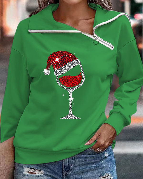Merry Christmas Shiny Wine Glass Zipper Sweatshirt