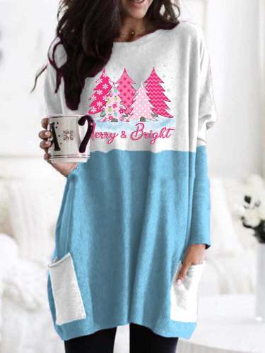 Women's Merry And Bright Pink Christmas Tree Print Long Sleeve Casual Top