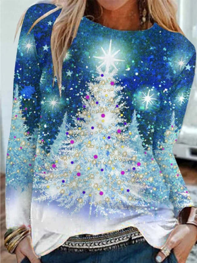 Christmas Casual Long Sleeve Crew Neck Printed Top