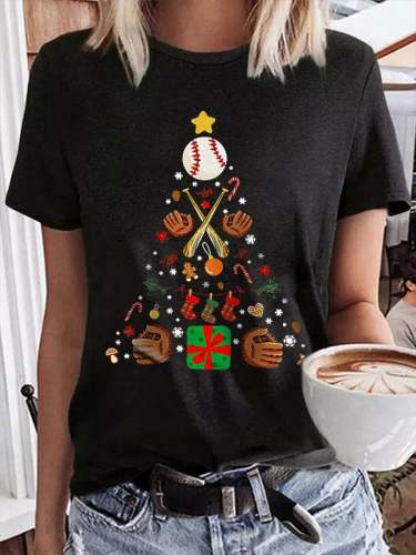 Women's Merry Christmas Baseball Ball Christmas Tree Casual Print T-Shirt