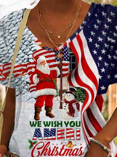 We Wish You Ameri Christmas Santa and Snowman Print T-Shirt