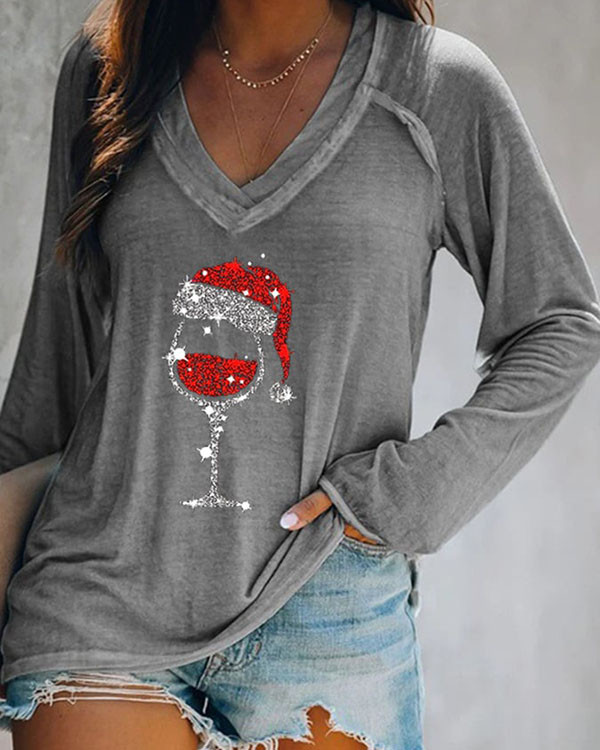 Christmas Wine Glass Print V-neck Long-sleeve Top