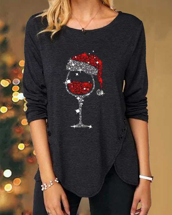 Christmas Wine Glass Print Long Sleeve Top