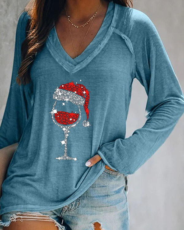 Christmas Wine Glass Print V-neck Long-sleeve Top