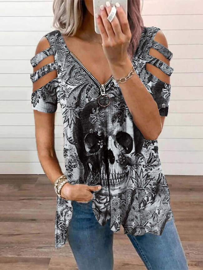 Skull Printed V-neck Zipper off-the-shoulder T-shirt