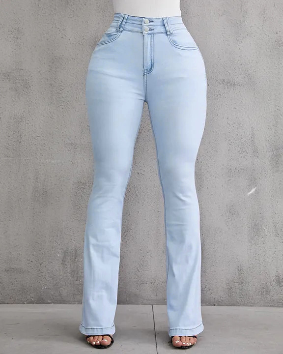 Button Front Butt Lifting Flare Jeans
