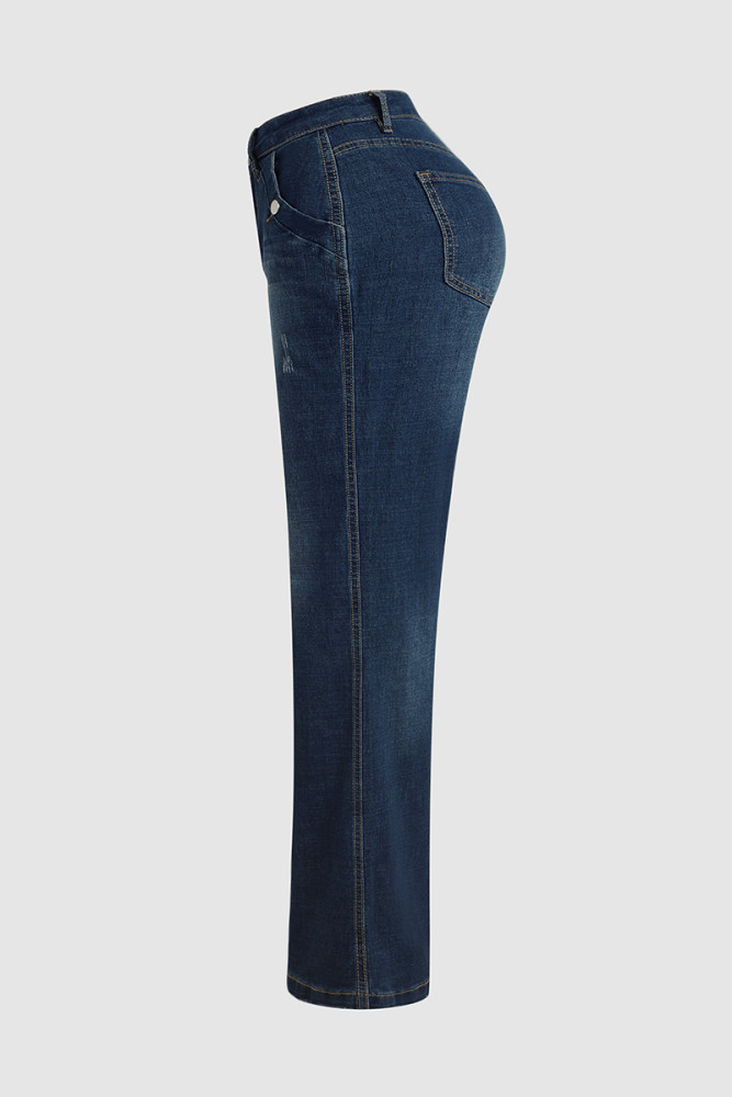 Vintage Ripped Straight Leg Mid Waist Jeans