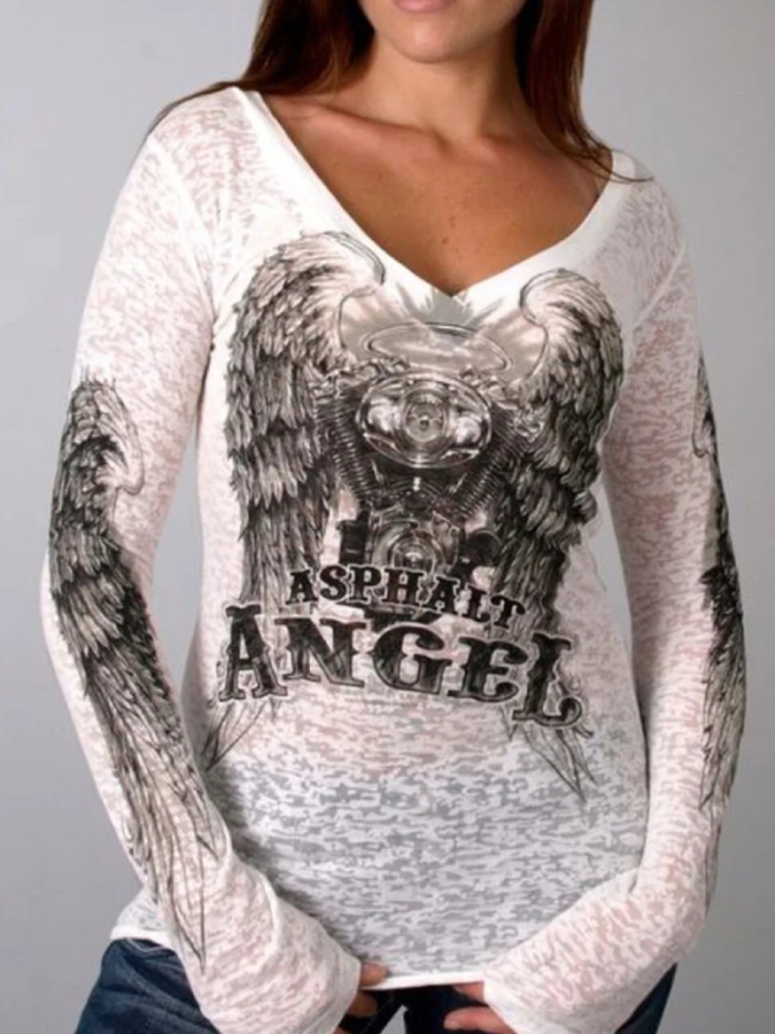Angel Wings Print Long-sleeved Cotton Top