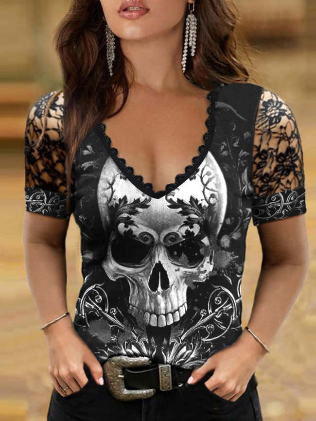 Lace Sexy Skull Printed Women's Short Sleeve Top