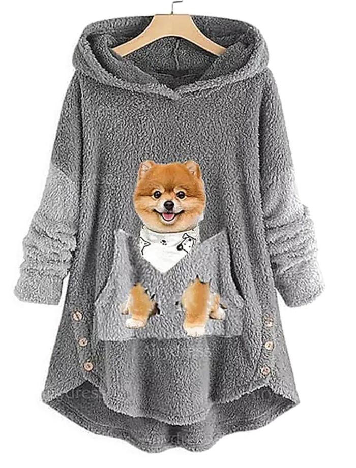 Women's Plus Size Print Animal Dog House Long Sleeve Teddy Coat