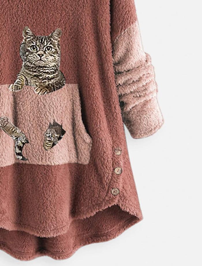 Women's Plus Size Tops Animal Cat Print Teddy Hoodie Sweatshirt