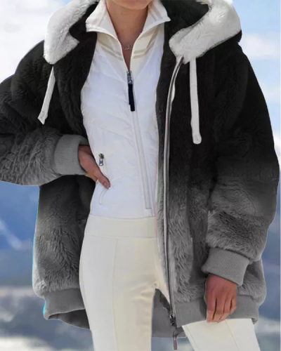 Warm Plush Gradient Zip Pocket Hooded Oversized Coat
