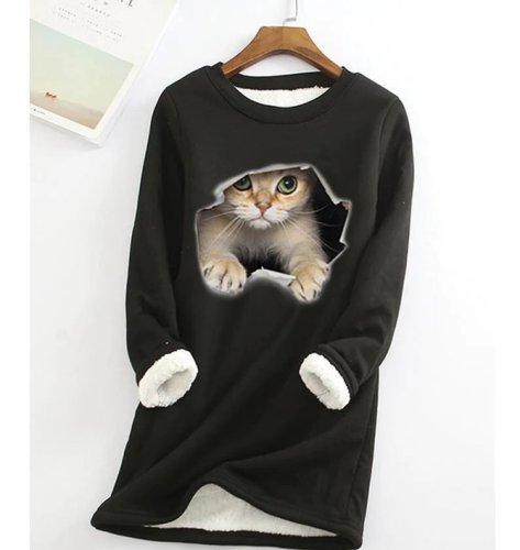 Cat Print Thermal Wool Regular Crew Sweatshirt