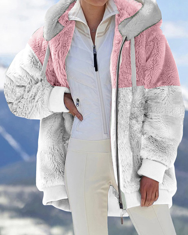 Warm Plush Panel Zip Pocket Hooded Oversized Coat