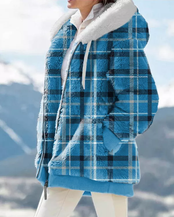 Warm Plush Check Zip Pocket Hooded Oversized Coat